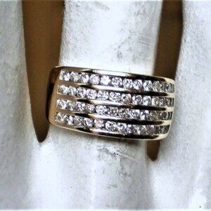 Designer 14K 585 Yellow Gold Diamond Cluster Anniversary Wide Band Ring